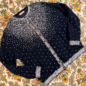 Vintage 1950s Castle Black Lambswool Angora Sequin Cardigan Sweater